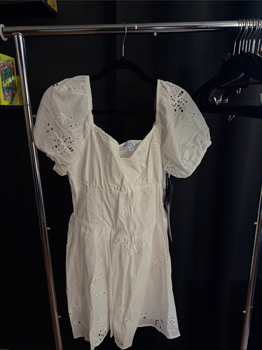 White Eyelet Puff Sleeve Mini Dress -  Women